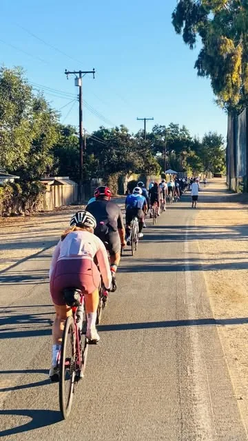 Group ride from behind on a sunny road